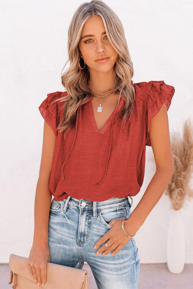 Ladies Tiered Ruffled Drawstring V Neck Blouse Top