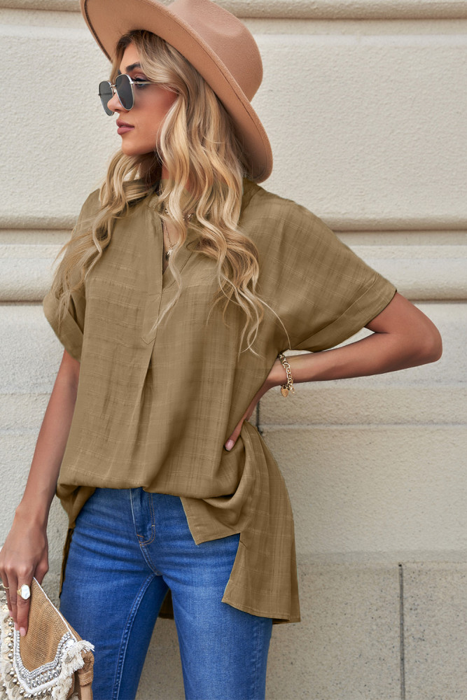 Striped Plaid Print Loose V Neck Short Sleeve Shirt with Slits