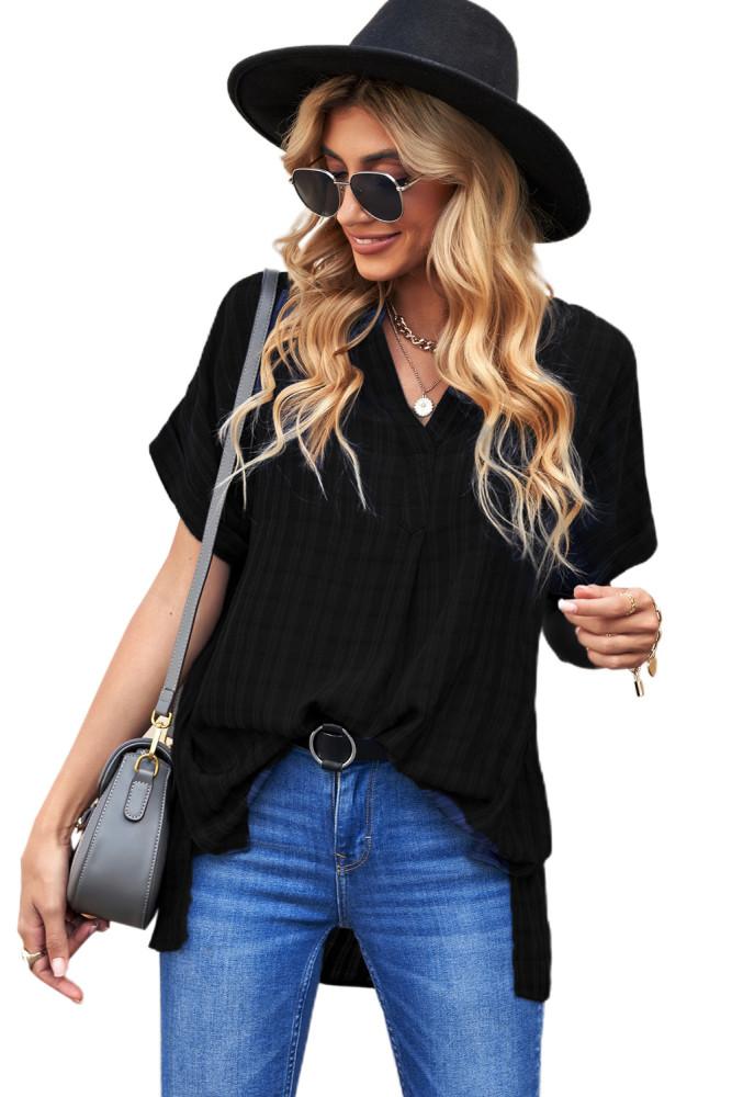 Striped Plaid Print Loose V Neck Short Sleeve Shirt with Slits