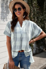Striped Plaid Print Loose V Neck Short Sleeve Shirt with Slits