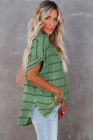 Striped Plaid Print Loose V Neck Short Sleeve Shirt with Slits