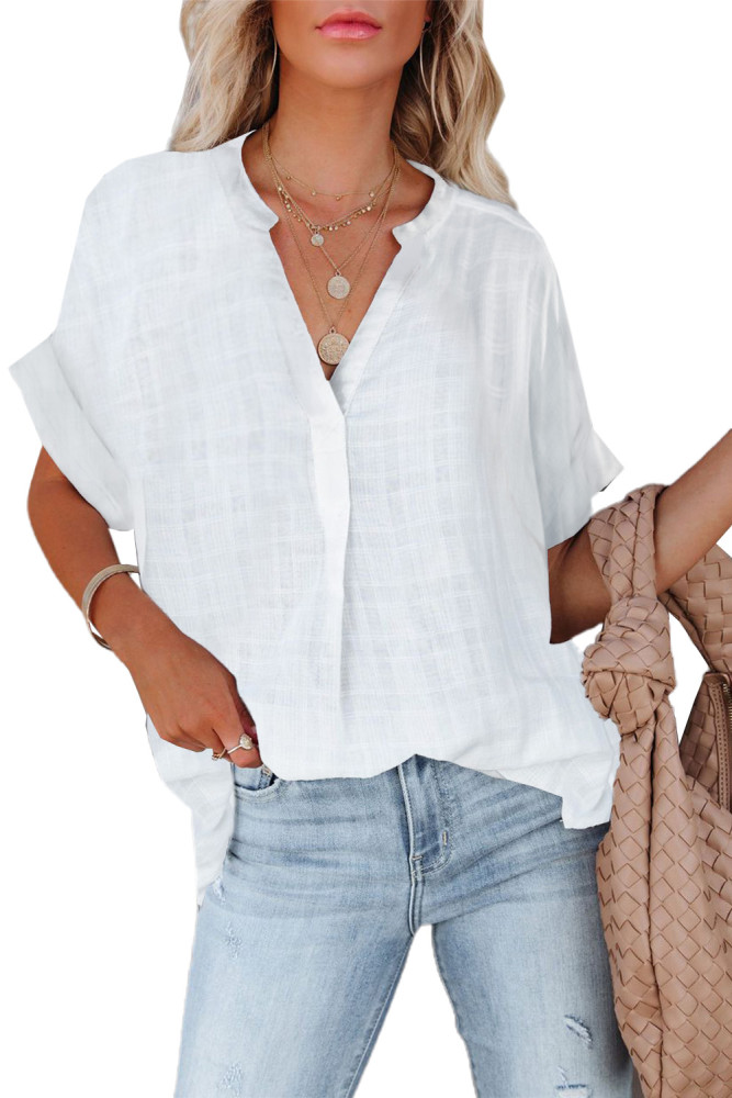 Striped Plaid Print Loose V Neck Short Sleeve Shirt with Slits