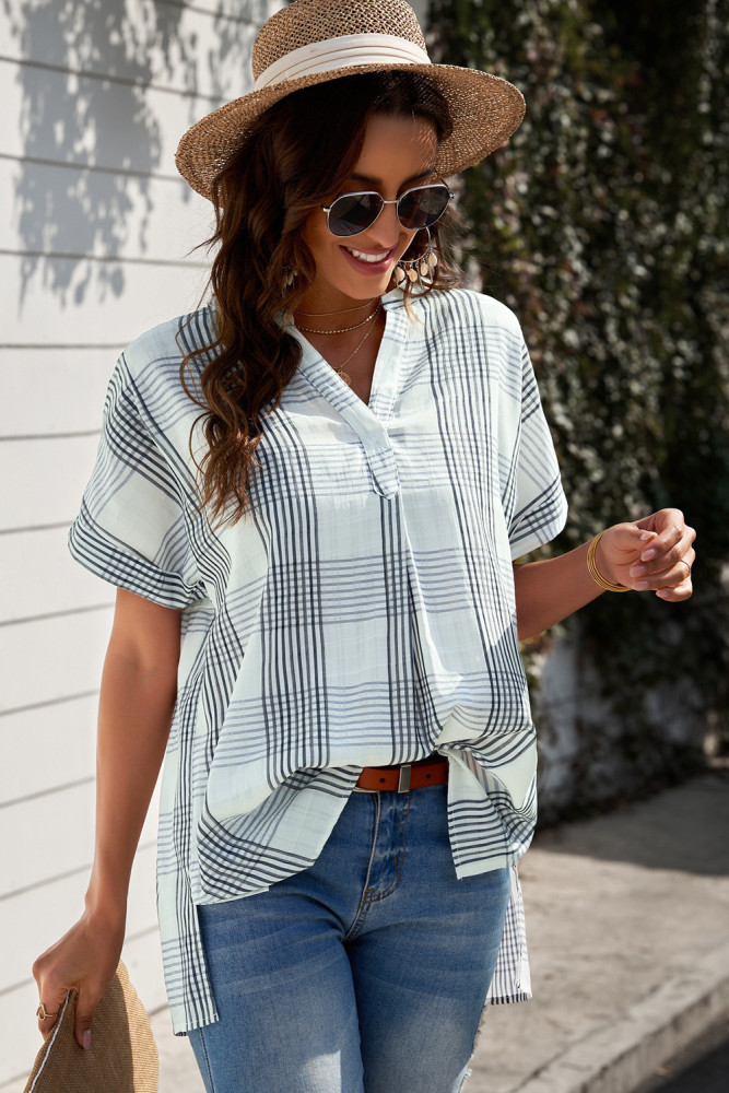 Striped Plaid Print Loose V Neck Short Sleeve Shirt with Slits