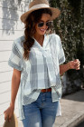 Striped Plaid Print Loose V Neck Short Sleeve Shirt with Slits
