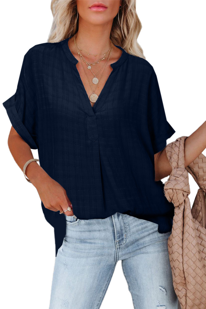 Striped Plaid Print Loose V Neck Short Sleeve Shirt with Slits