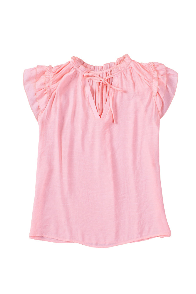 Ladies Tiered Ruffled Drawstring V Neck Blouse Top