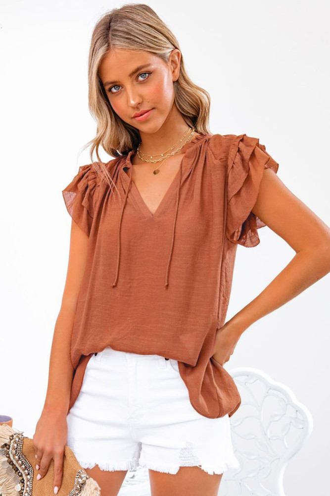 Ladies Tiered Ruffled Drawstring V Neck Blouse Top
