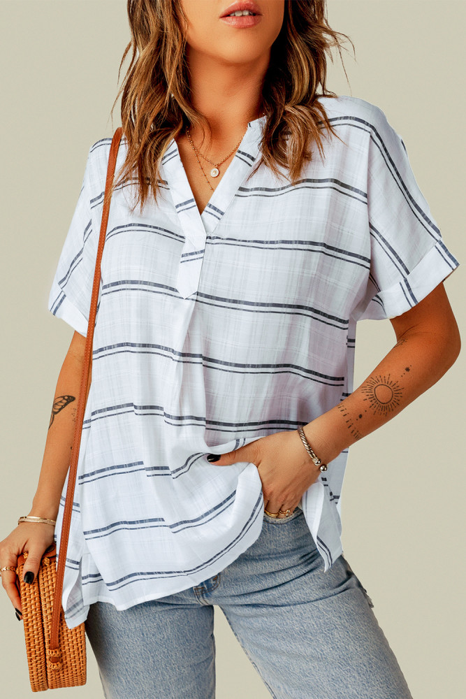 Striped Plaid Print Loose V Neck Short Sleeve Shirt with Slits