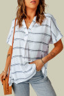 Striped Plaid Print Loose V Neck Short Sleeve Shirt with Slits