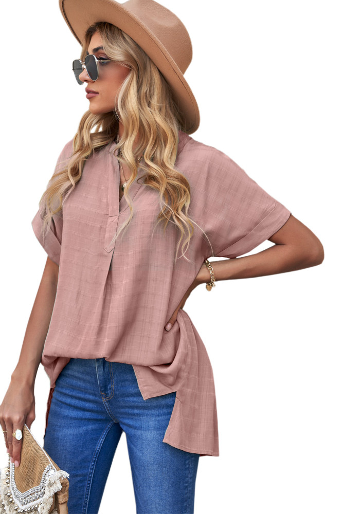 Striped Plaid Print Loose V Neck Short Sleeve Shirt with Slits