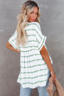 Striped Plaid Print Loose V Neck Short Sleeve Shirt with Slits