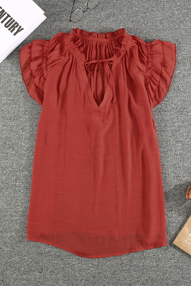 Ladies Tiered Ruffled Drawstring V Neck Blouse Top