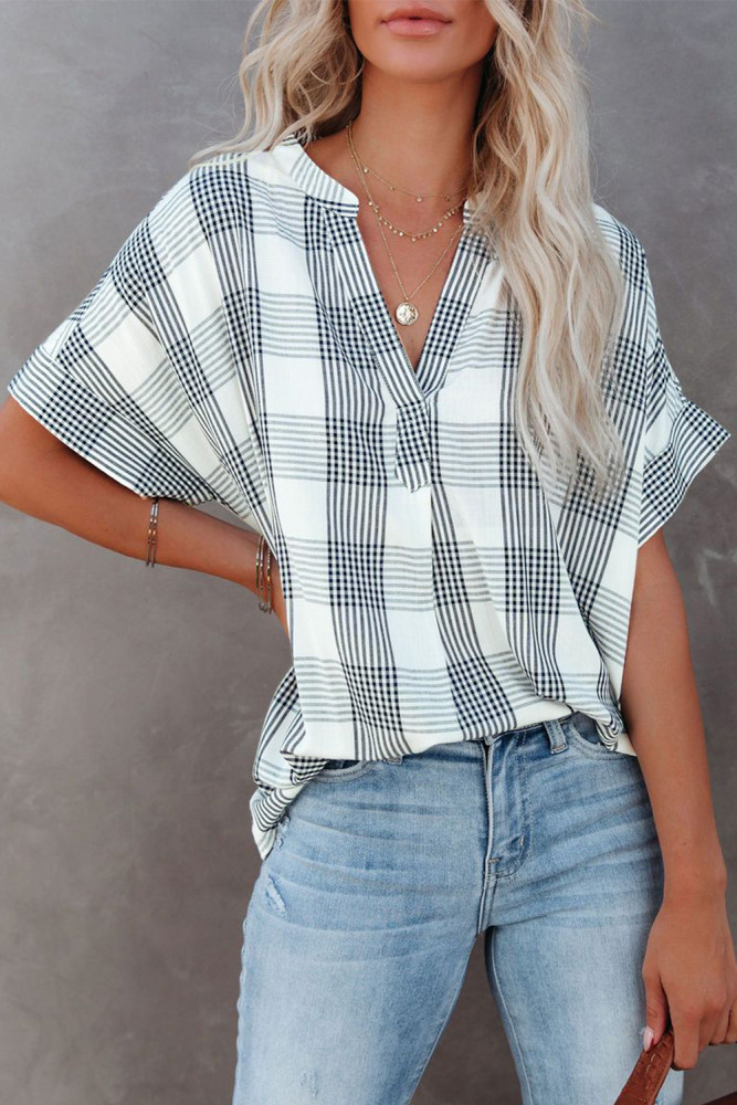 Striped Plaid Print Loose V Neck Short Sleeve Shirt with Slits
