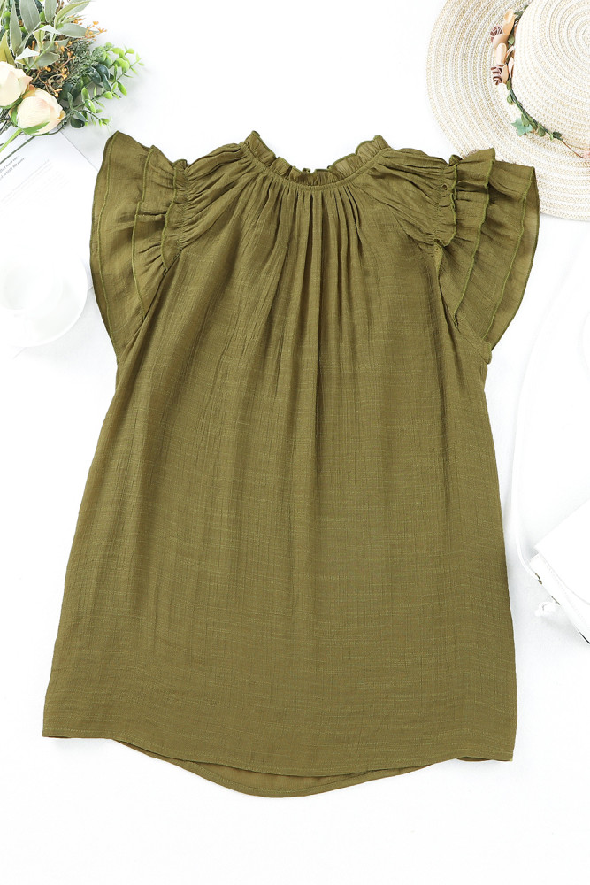 Ladies Tiered Ruffled Drawstring V Neck Blouse Top