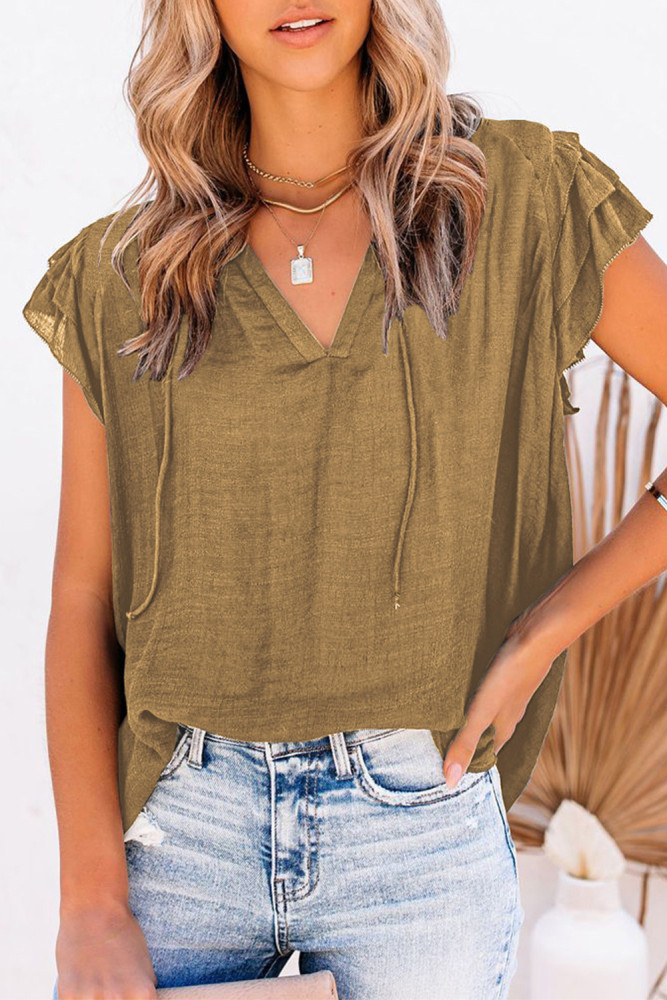 Ladies Tiered Ruffled Drawstring V Neck Blouse Top