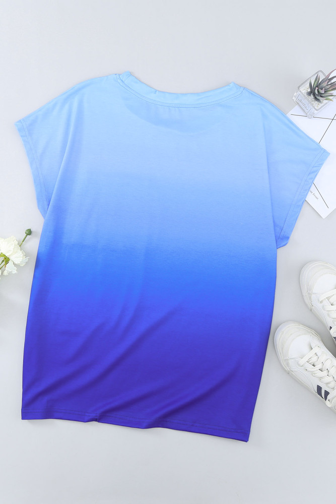 Womens Ombre Tie-dye Cap Sleeve T-Shirt with Pocket