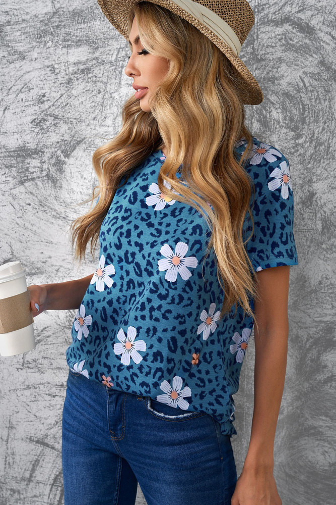 Floral T-shirt Womens Leopard Pattern Tee Tops