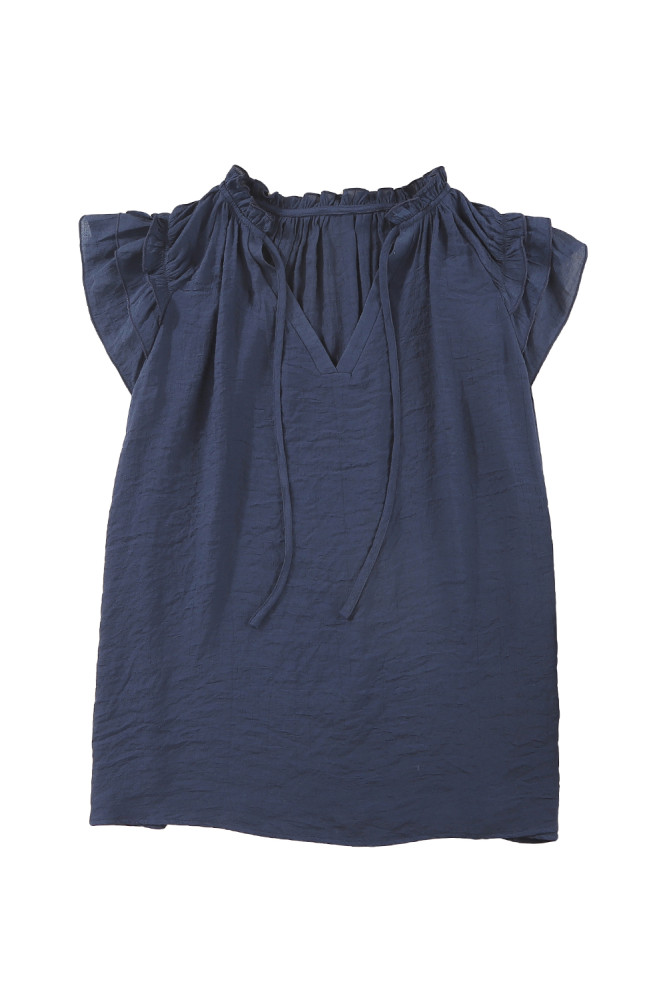 Ladies Tiered Ruffled Drawstring V Neck Blouse Top