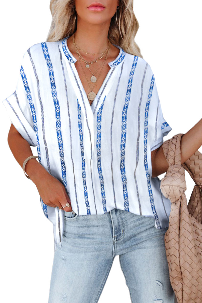 Striped Plaid Print Loose V Neck Short Sleeve Shirt with Slits