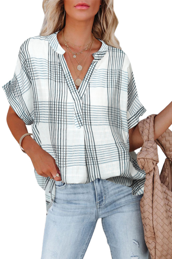 Striped Plaid Print Loose V Neck Short Sleeve Shirt with Slits