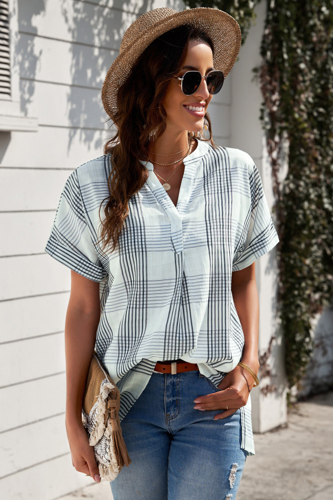 Striped Plaid Print Loose V Neck Short Sleeve Shirt with Slits