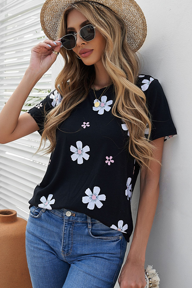 Floral T-shirt Womens Leopard Pattern Tee Tops