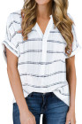 Striped Plaid Print Loose V Neck Short Sleeve Shirt with Slits