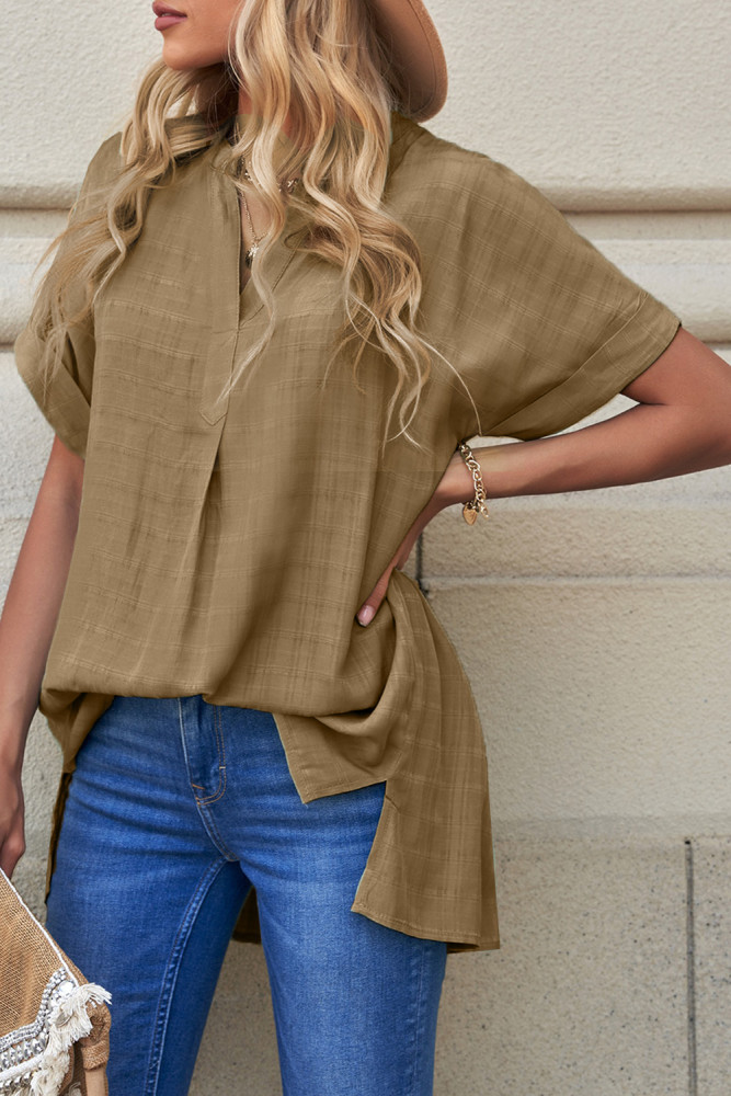 Striped Plaid Print Loose V Neck Short Sleeve Shirt with Slits