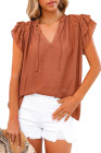 Ladies Tiered Ruffled Drawstring V Neck Blouse Top