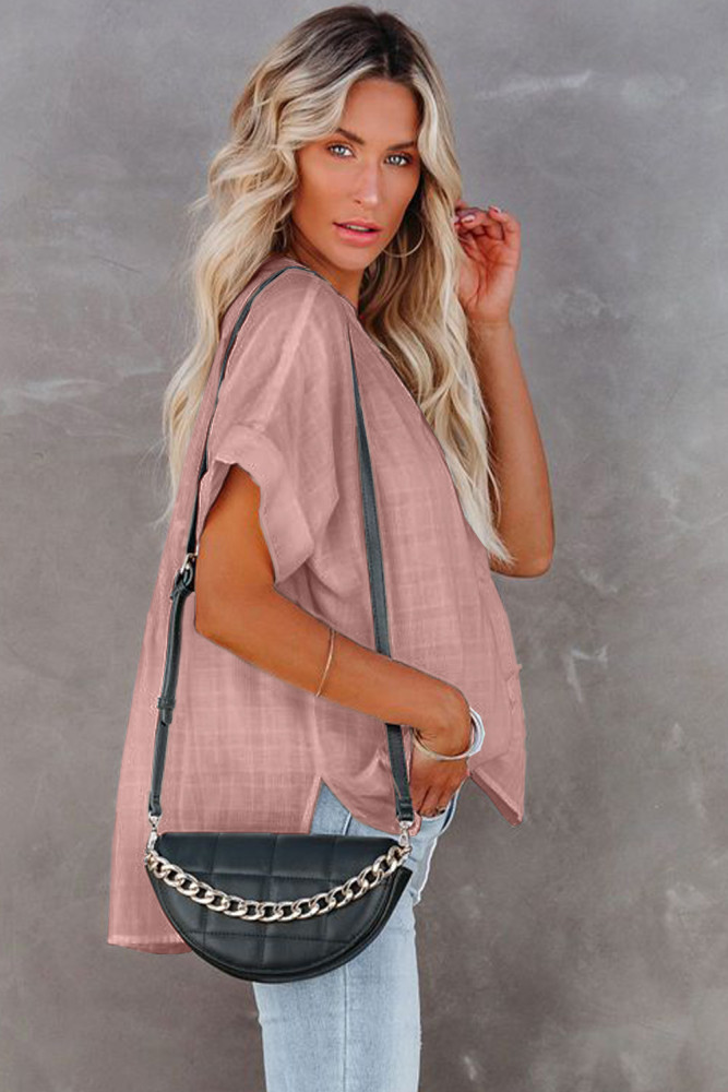 Striped Plaid Print Loose V Neck Short Sleeve Shirt with Slits