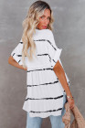 Striped Plaid Print Loose V Neck Short Sleeve Shirt with Slits