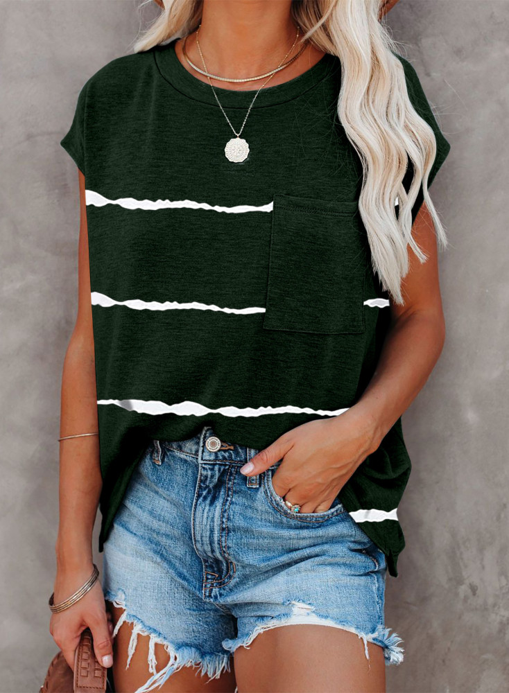 Womens Ombre Tie-dye Cap Sleeve T-Shirt with Pocket