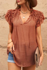 Ladies Tiered Ruffled Drawstring V Neck Blouse Top