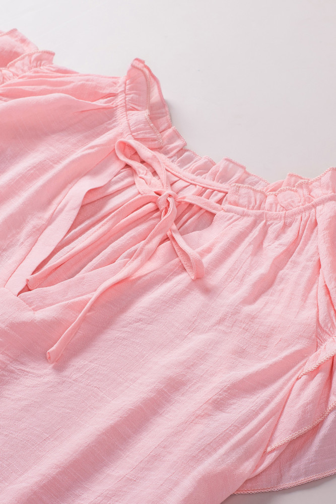 Ladies Tiered Ruffled Drawstring V Neck Blouse Top