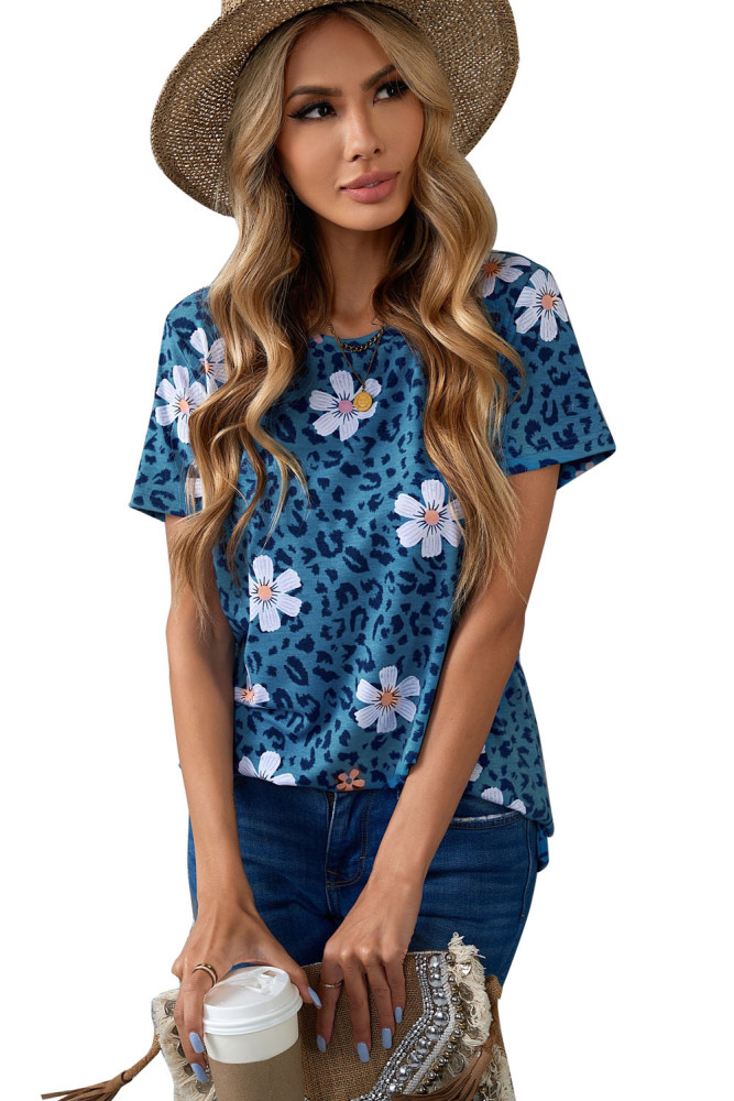 Floral T-shirt Womens Leopard Pattern Tee Tops