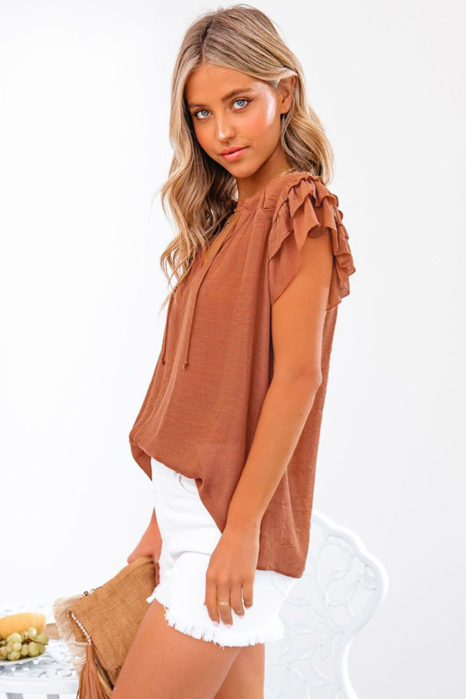 Ladies Tiered Ruffled Drawstring V Neck Blouse Top
