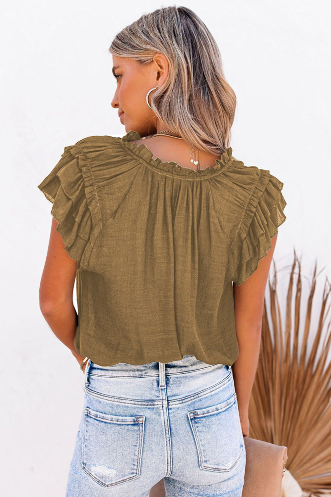 Ladies Tiered Ruffled Drawstring V Neck Blouse Top