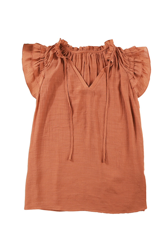 Ladies Tiered Ruffled Drawstring V Neck Blouse Top