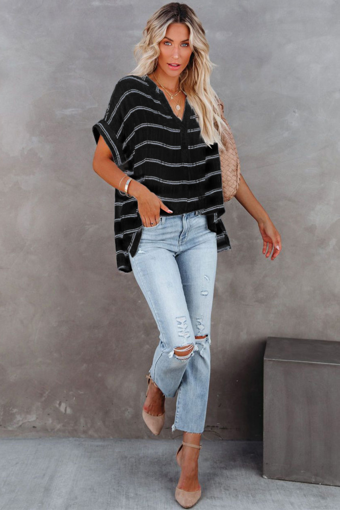 Striped Plaid Print Loose V Neck Short Sleeve Shirt with Slits