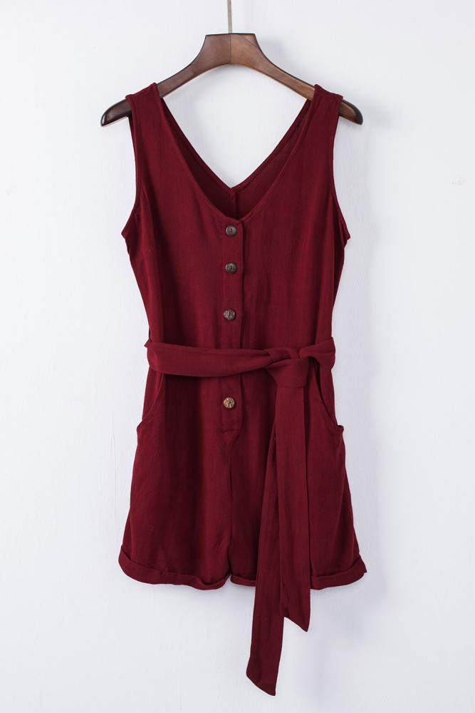 Women's V Neck Jumpsuits Sleeveless Romper Button Short Jumpsuit