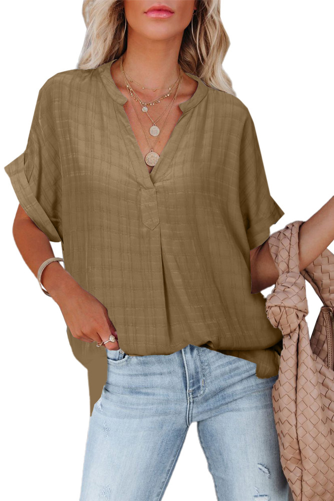 Striped Plaid Print Loose V Neck Short Sleeve Shirt with Slits