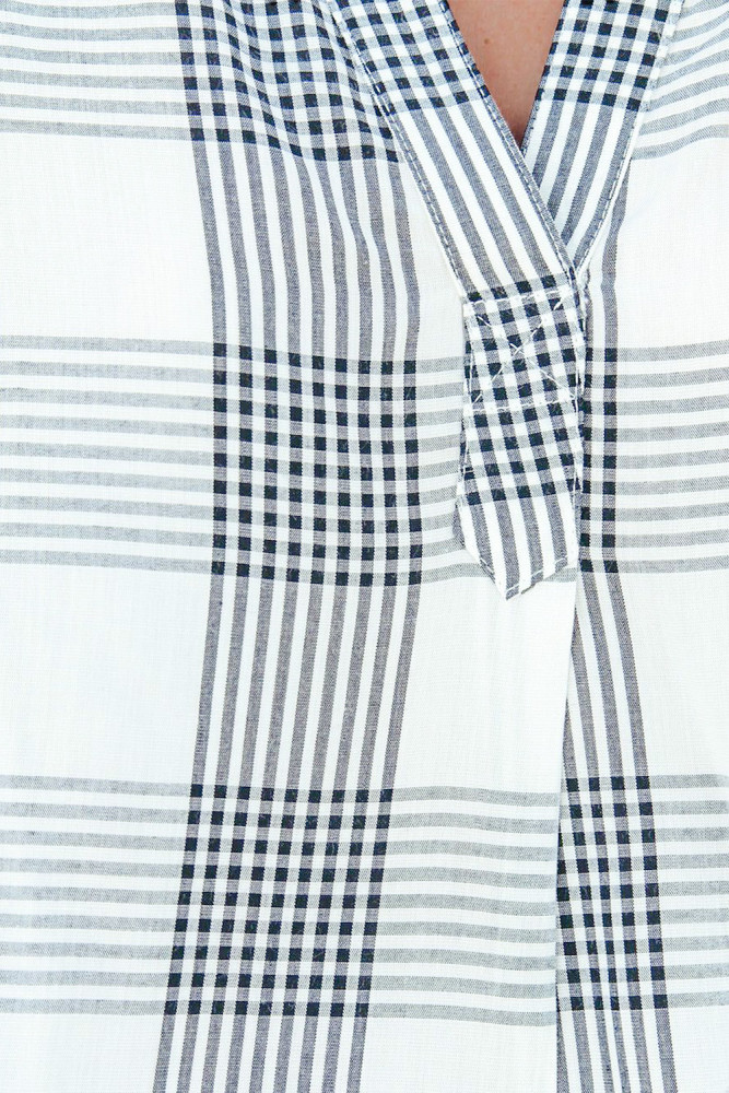 Striped Plaid Print Loose V Neck Short Sleeve Shirt with Slits