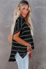 Striped Plaid Print Loose V Neck Short Sleeve Shirt with Slits