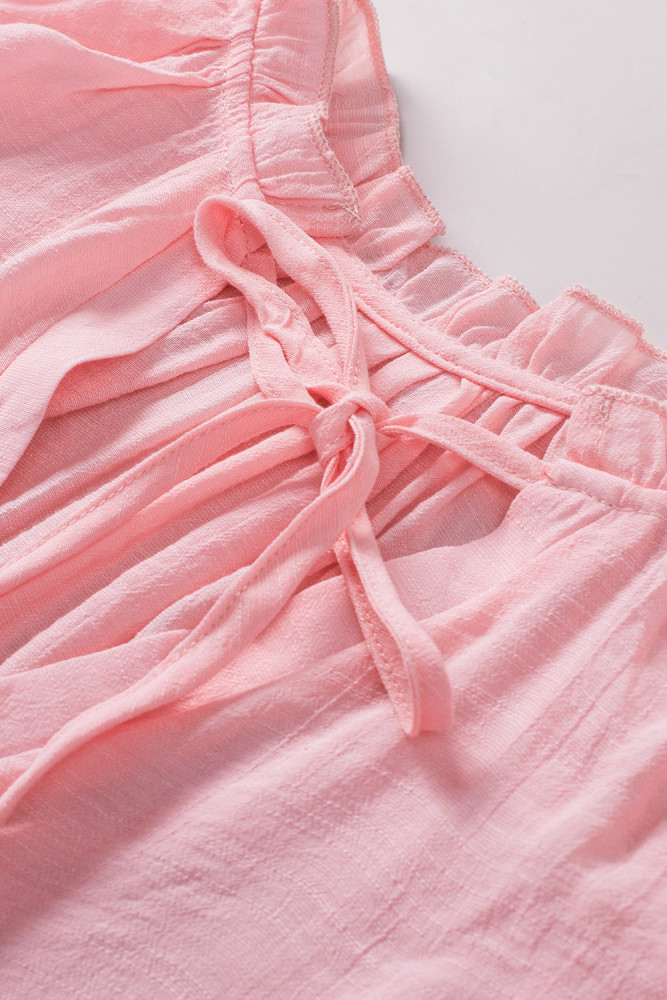 Ladies Tiered Ruffled Drawstring V Neck Blouse Top