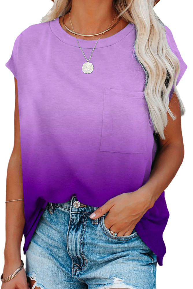 Womens Ombre Tie-dye Cap Sleeve T-Shirt with Pocket
