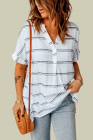 Striped Plaid Print Loose V Neck Short Sleeve Shirt with Slits
