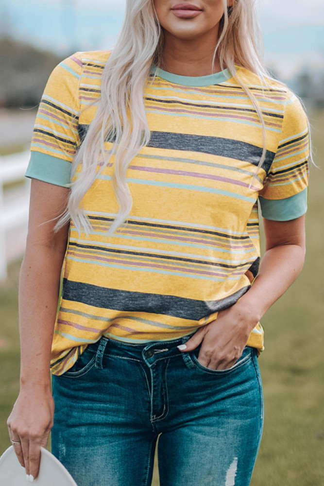 Womens Multicolor Stripes Crew Neck T Shirt Top
