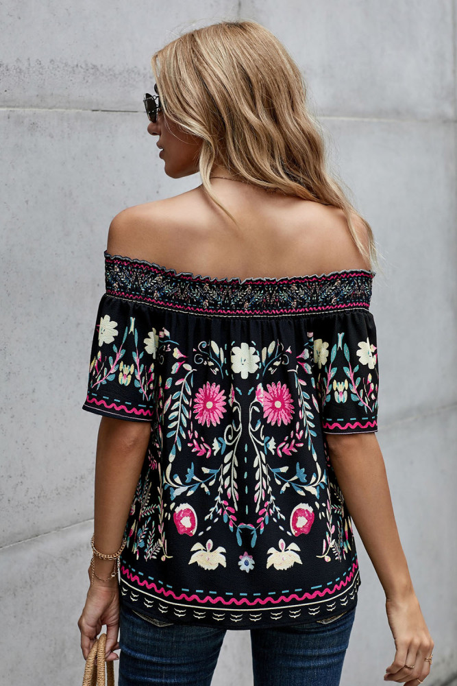 Summer Loose Button Down Floral Print Off Shoulder Short Sleeve Top