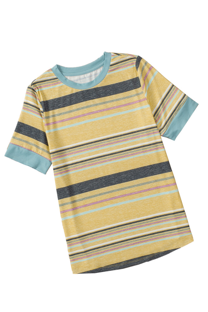 Womens Multicolor Stripes Crew Neck T Shirt Top