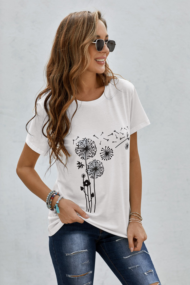 Crewneck Tee Dandelion Print Graphic Loose Casual T-Shirt